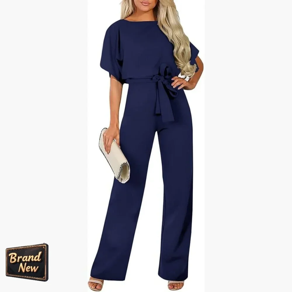 Small Jumpsuit with Belt, Ruffles, Wide Leg, Polyester Spandex